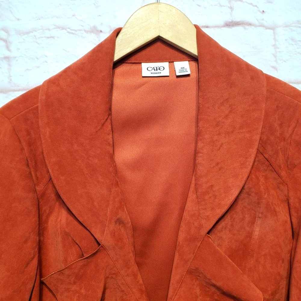 Cato Woman Jacket Womens 16W Orange‎ Ruffle Front Velvety Faux Suede Blazer - Picture 4 of 12